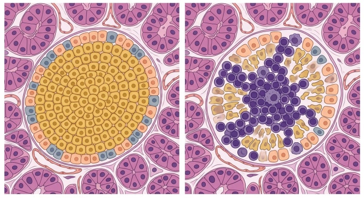 Zwei Langerhans-Inseln in exokrinem Pankreasgewebe. Links eine gesunde Insel mit dicht gepackten Betazellen und rechts eine von Lymphozyten infiltrierte Insel mit geschädigten Betazellen.
