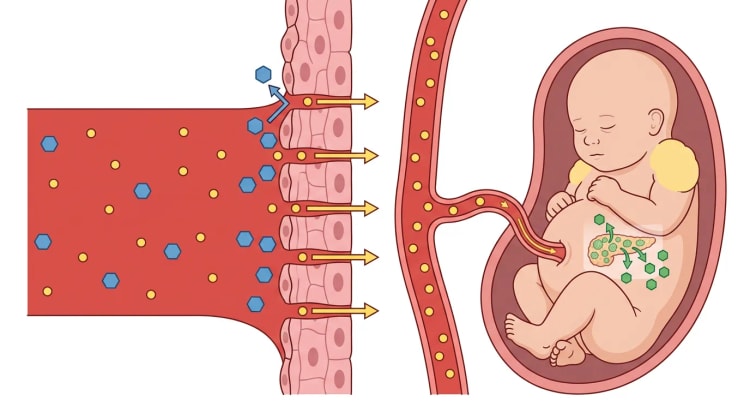 Schematische Darstellung von maternalem Blut mit Glukose und Insulin an der Plazentaschranke. Glukose gelangt in den fetalen Kreislauf, während Insulin auf der mütterlichen Seite bleibt. Der Fetus ist groß, und sein Pankreas setzt eigenes Insulin frei.