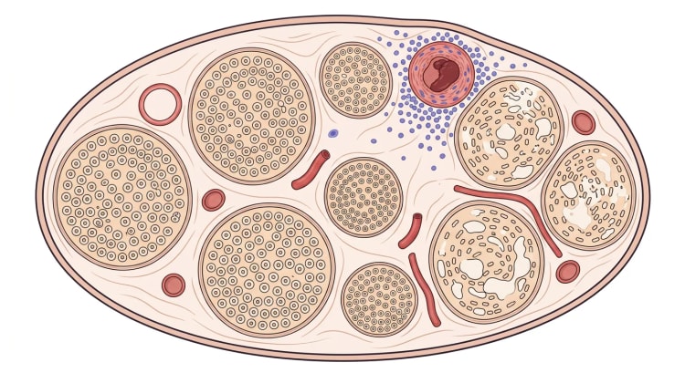 Querschnitt eines peripheren Nervs mit einer entzündeten, thrombosierten epineuralen Arterie und angrenzenden ischämisch geschädigten Nervenfaszikeln, während die Faszikel der Gegenseite gesund sind.