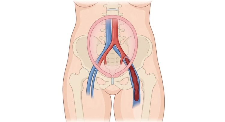 Schwangerer Uterus von vorn, der über der Vena cava inferior, der Aorta und den Beckengefäßen liegt, mit einem langen Thrombus in der linken V. iliaca externa und V. femoralis.