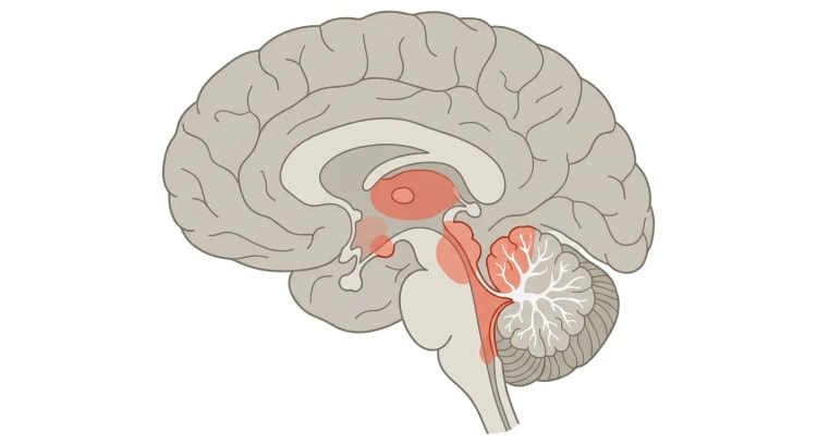 Mittelschnitt durch das Gehirn, in dem medialer Thalamus, Corpora mamillaria, die Region um den Aquädukt, der Boden des vierten Ventrikels und der Vermis cerebelli rot markiert sind.