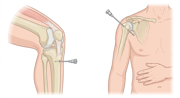 Zwei Illustrationen mit einer intraossären Nadel im oberen Schienbein beziehungsweise im Humeruskopf