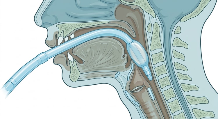Sagittalschnitt durch Kopf und Hals mit liegender Larynxmaske, deren Cuff im Hypopharynx liegt und deren Öffnung zum Kehlkopfeingang gerichtet ist
