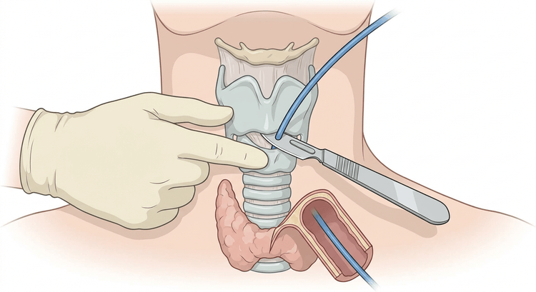 Halsvorderseite mit von einer Hand fixiertem Larynx, durch die Membrana cricothyroidea eingeführtem Skalpell und einem Bougie auf dem Weg in die Trachea