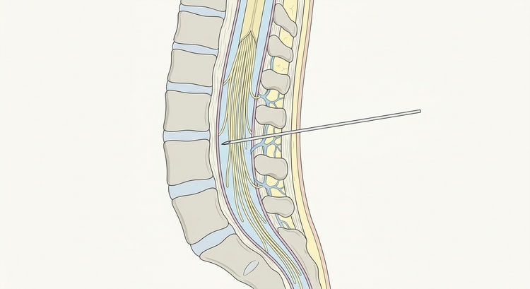 Sagittalschnitt durch die Lendenwirbelsäule mit zwischen zwei Dornfortsätzen eingeführter Spinalnadel und der Spitze im Liquorraum zwischen den Wurzeln der Cauda equina
