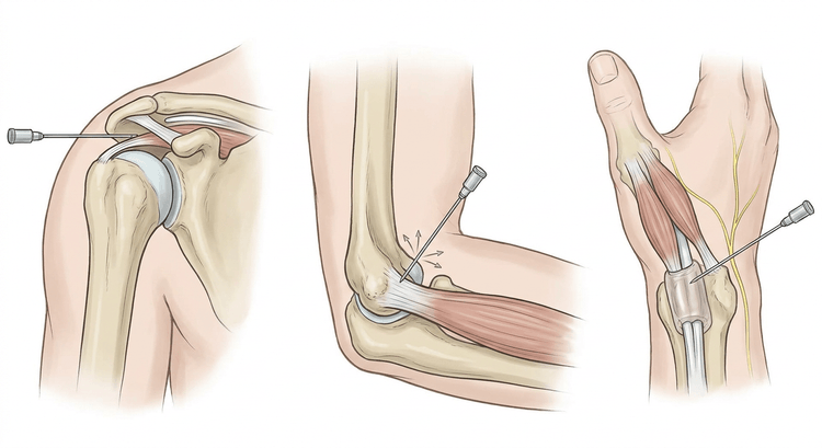 Drei Panels mit der Kanülenlage bei der subakromialen Injektion, bei lateraler Epikondylitis und bei der Tendovaginitis de Quervain