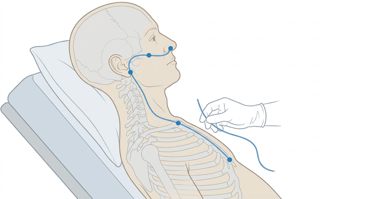 Halbsitzender Patient im Profil, an dem die Sonde von der Nasenspitze über das Ohrläppchen bis zum Processus xiphoideus abgemessen wird