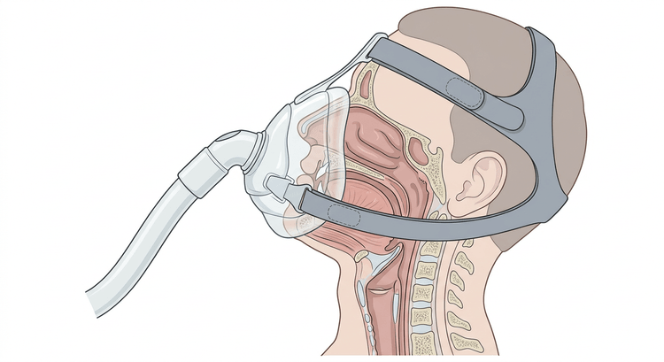 Sagittalschnitt durch Kopf und Hals mit einer dicht sitzenden oronasalen NIV-Maske über Nase und Mund, gehalten von einem Kopfband, und den oberen Atemwegen im Schnitt