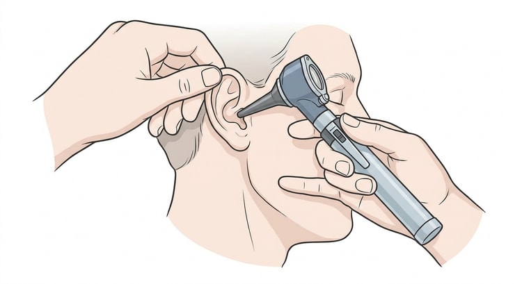 Untersucher hält das Otoskop wie einen Stift, während kleiner Finger und Ringfinger an der Wange des Patienten ruhen und die andere Hand die Ohrmuschel nach oben und hinten zieht