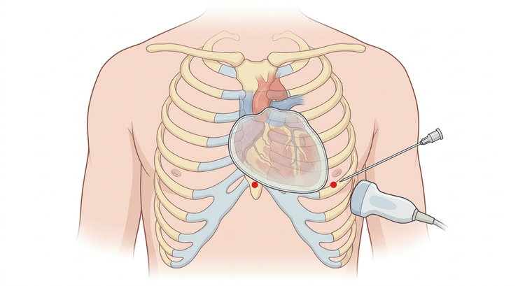 Thorax von vorn mit Herz und erweitertem Perikard, mit zwei markierten Punktionsstellen: einer subxiphoidalen und einer apikalen, an der Schallkopf und Nadel an der Thoraxwand anliegen
