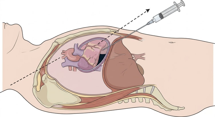 Sagittalschnitt durch Thorax und Oberbauch mit unter dem Processus xiphoideus eingeführter Punktionsnadel, die schräg nach hinten oben zum linken Schulterblatt gerichtet ist, mit der Spitze im Perikarderguss