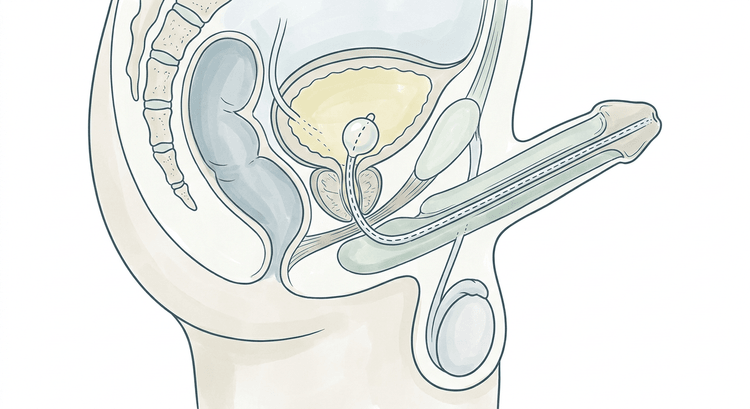 Sagittalschnitt durch das männliche Becken mit dem Weg des Katheters durch die Penisharnröhre, die bulbäre Harnröhre und die Prostata in die Harnblase