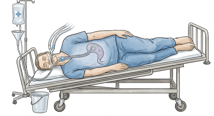 Intubierter Patient in Linksseitenlage mit abgesenktem Kopfende und dicker orogastrischer Spülsonde im Magen