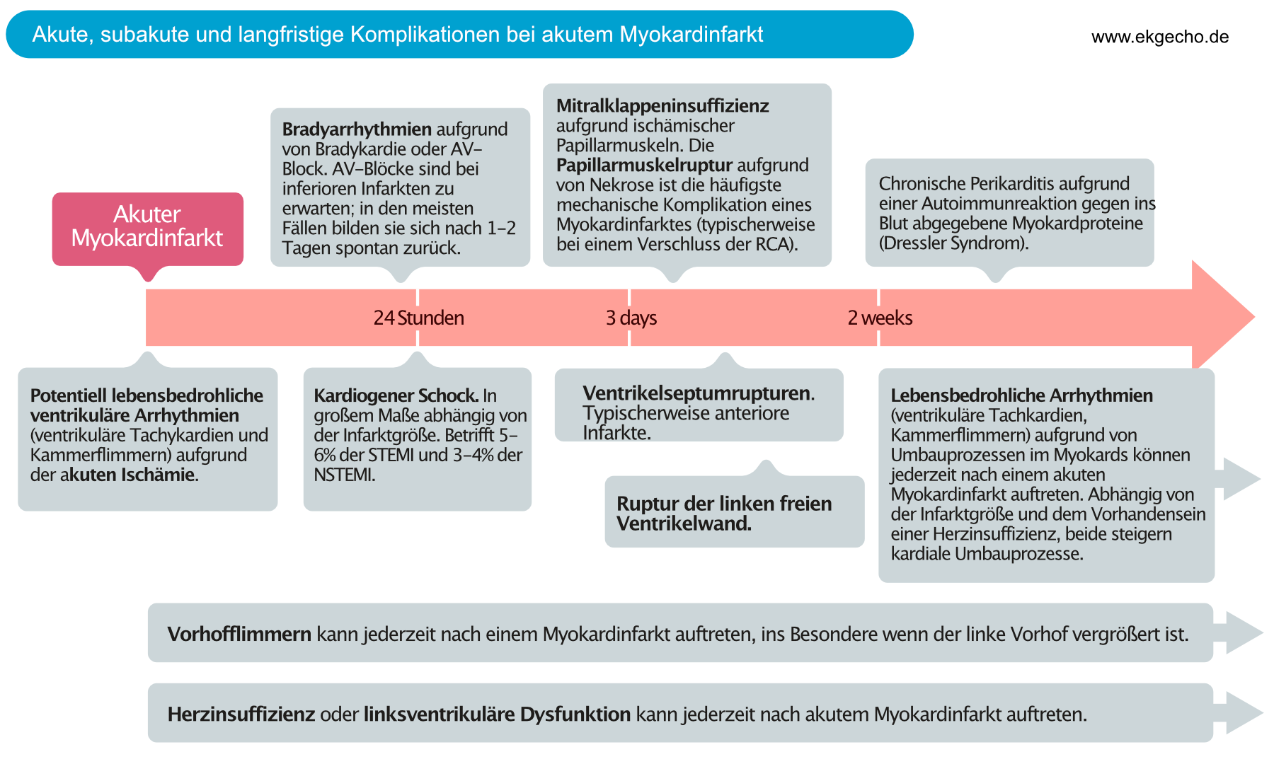 Abbildung 4. Akute, subakute und langfristige Komplikationen bei akutem Myokardinfarkt. RCA = Rechte Koronararterie. Angepasst von GW Reed et al., The Lancet (2017).