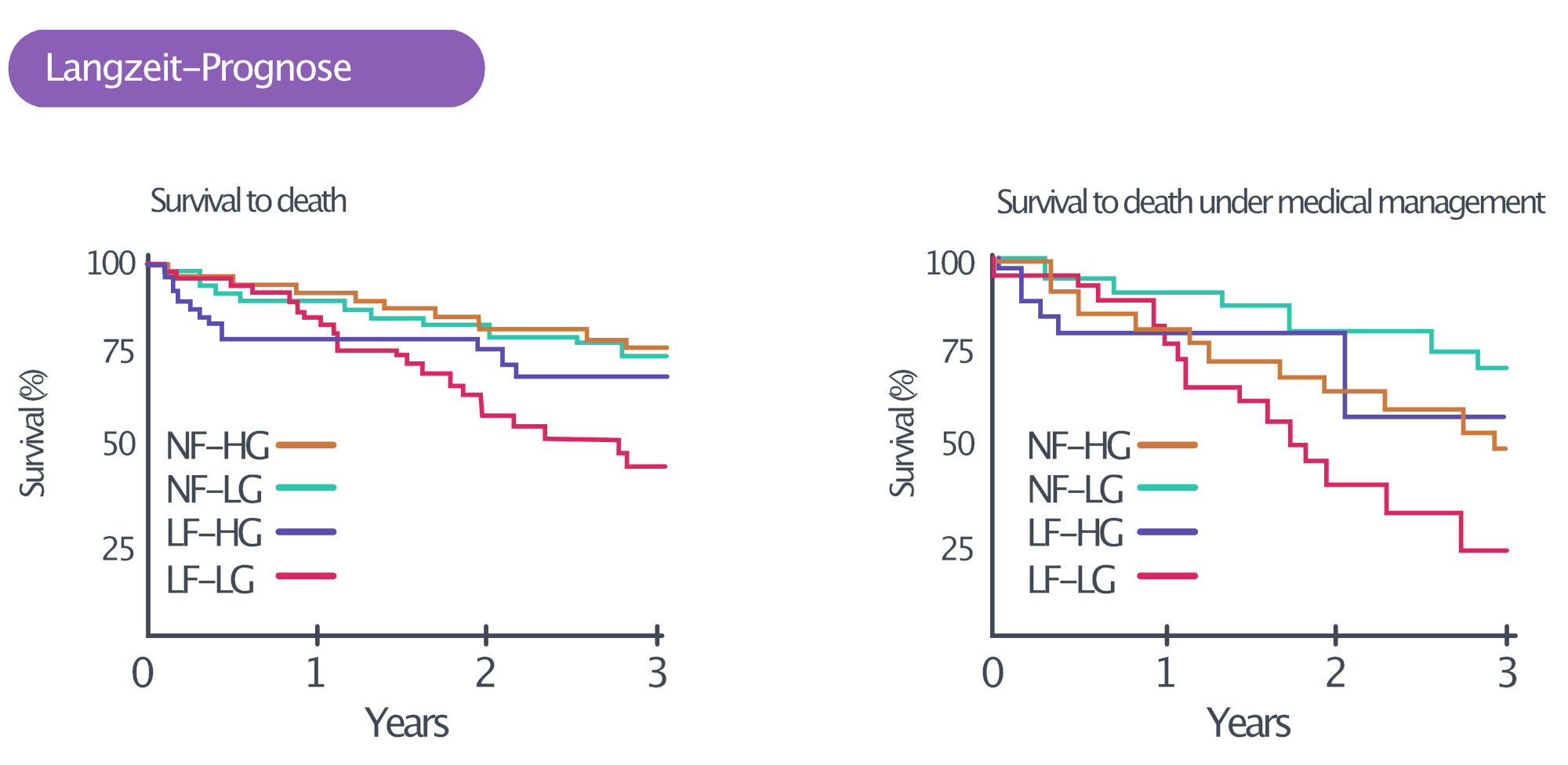 Abbildung 3. Prognose bei Aortenklappenstenose nach Art der Stenose. Patienten mit Low-Flow (Schlagvolumen-Index <35 ml/m²) und Low-Gradient (<40 mmHg) zeigten die schlechteste Prognose. NF = Normal Flow; LF = Low Flow; HG = High Gradient; LG = Low Gradient. Angepasst nach Eleid et al.