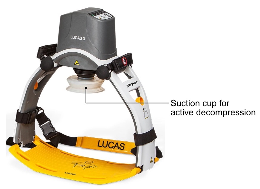 Mechanisches Reanimationsgerät LUCAS mit Saugglocke auf dem Thorax zur aktiven Dekompression.