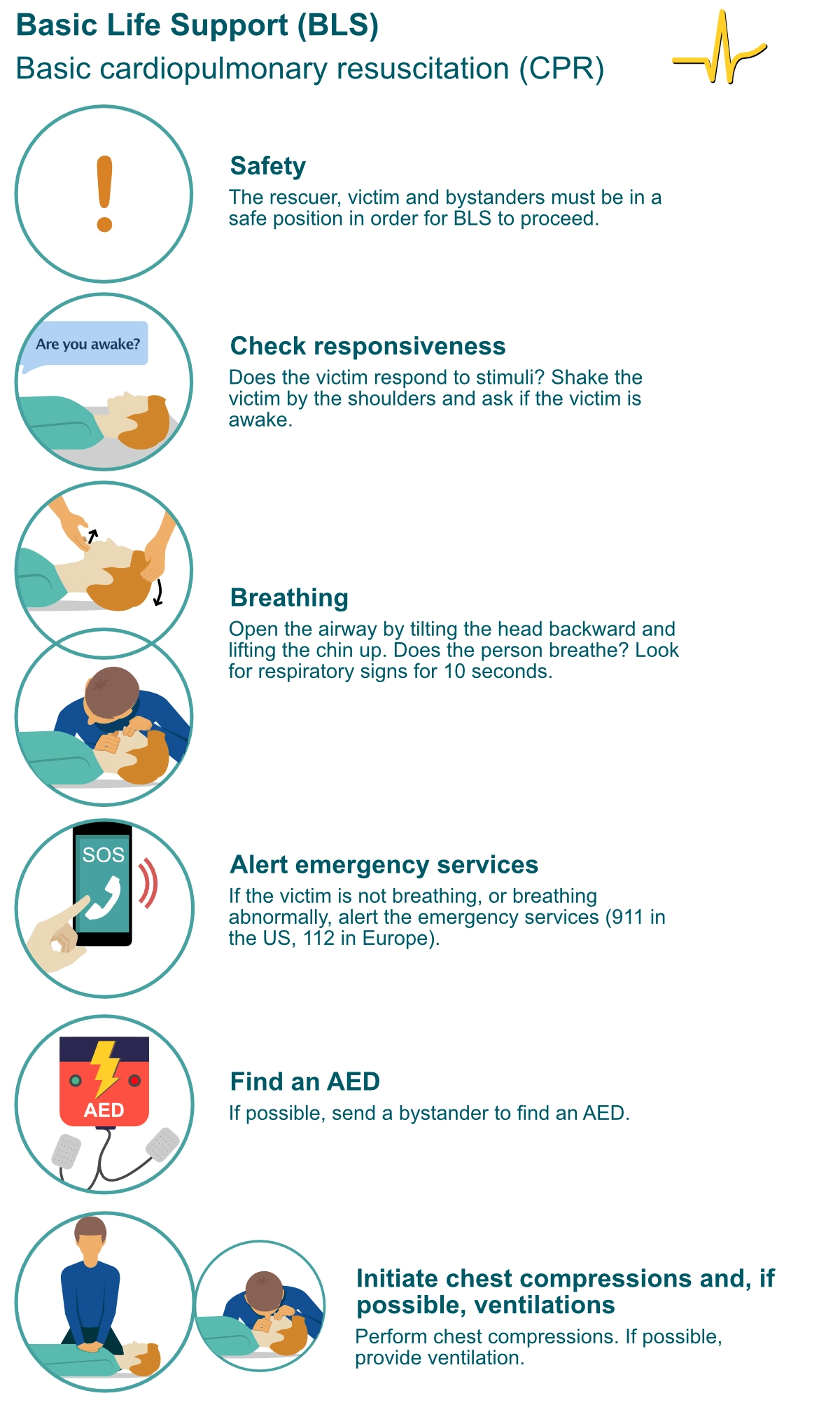 BLS-Algorithmus: Eigensicherung, Reaktion prüfen, Atmung prüfen, Notruf 112, Thoraxkompressionen mit Beatmung und frühzeitiger Einsatz eines AED