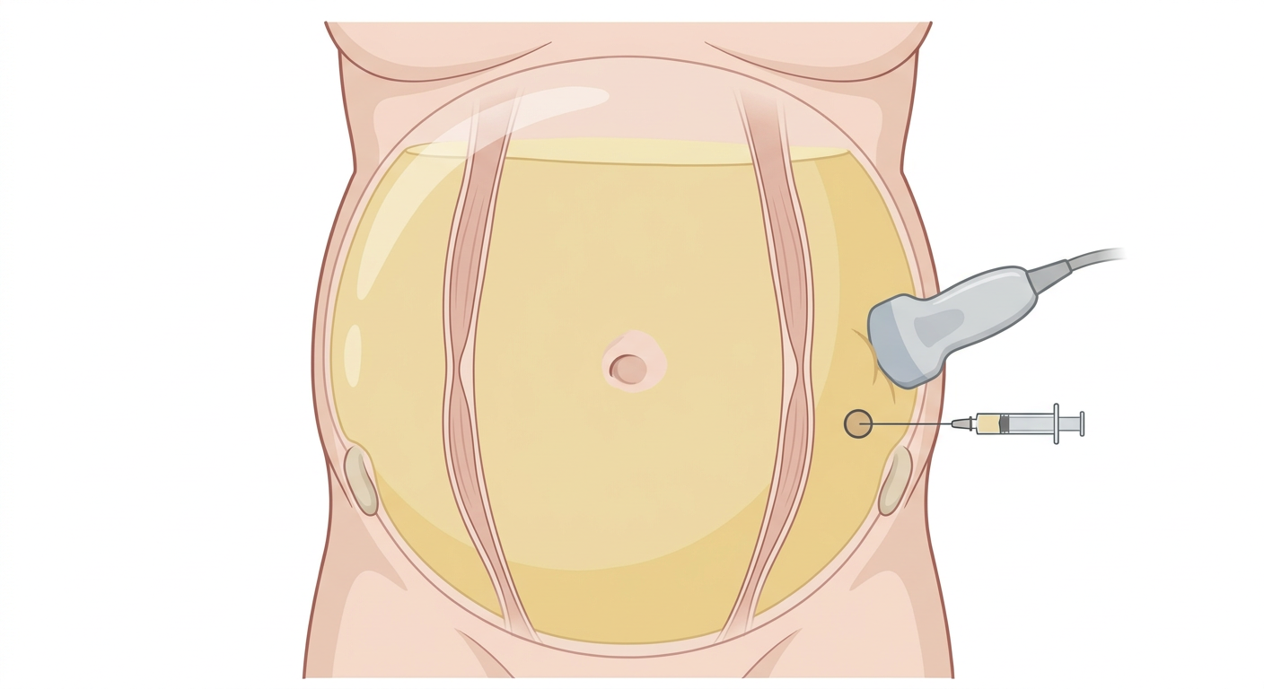 Vorgewölbtes Abdomen von vorn mit sichtbarem Nabel, lateralen Rändern der Rektusmuskeln und Darmbeinstacheln sowie einer markierten Punktionsstelle im linken Unterbauch, an der Schallkopf und Nadel anliegen