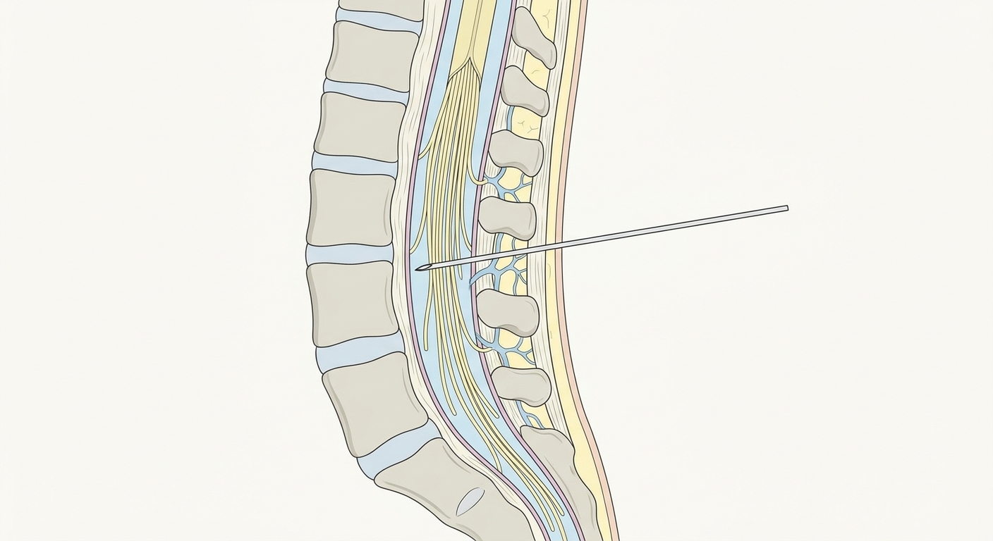 Sagittalschnitt durch die Lendenwirbelsäule mit zwischen zwei Dornfortsätzen eingeführter Spinalnadel und der Spitze im Liquorraum zwischen den Wurzeln der Cauda equina