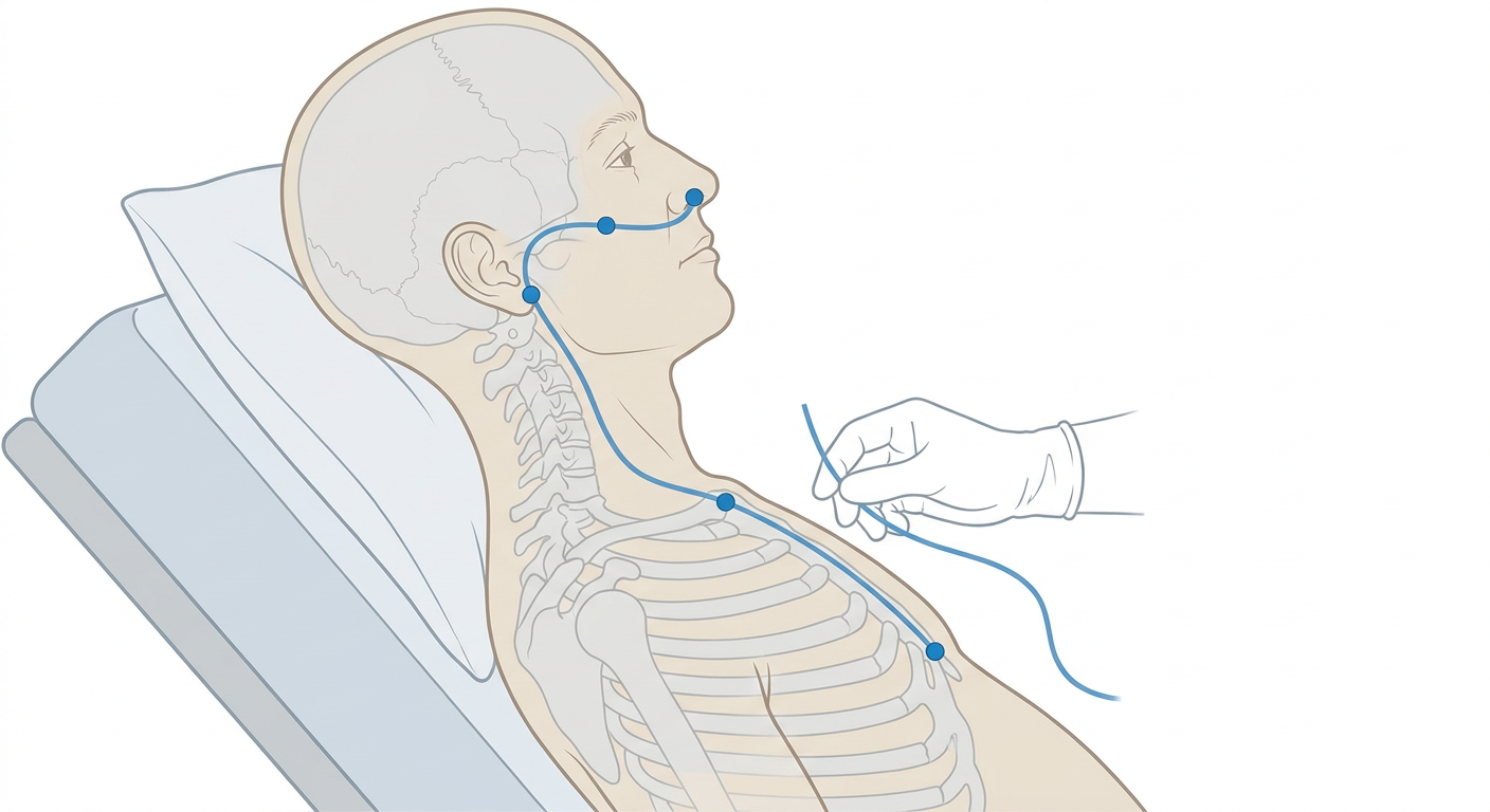 Halbsitzender Patient im Profil, an dem die Sonde von der Nasenspitze über das Ohrläppchen bis zum Processus xiphoideus abgemessen wird