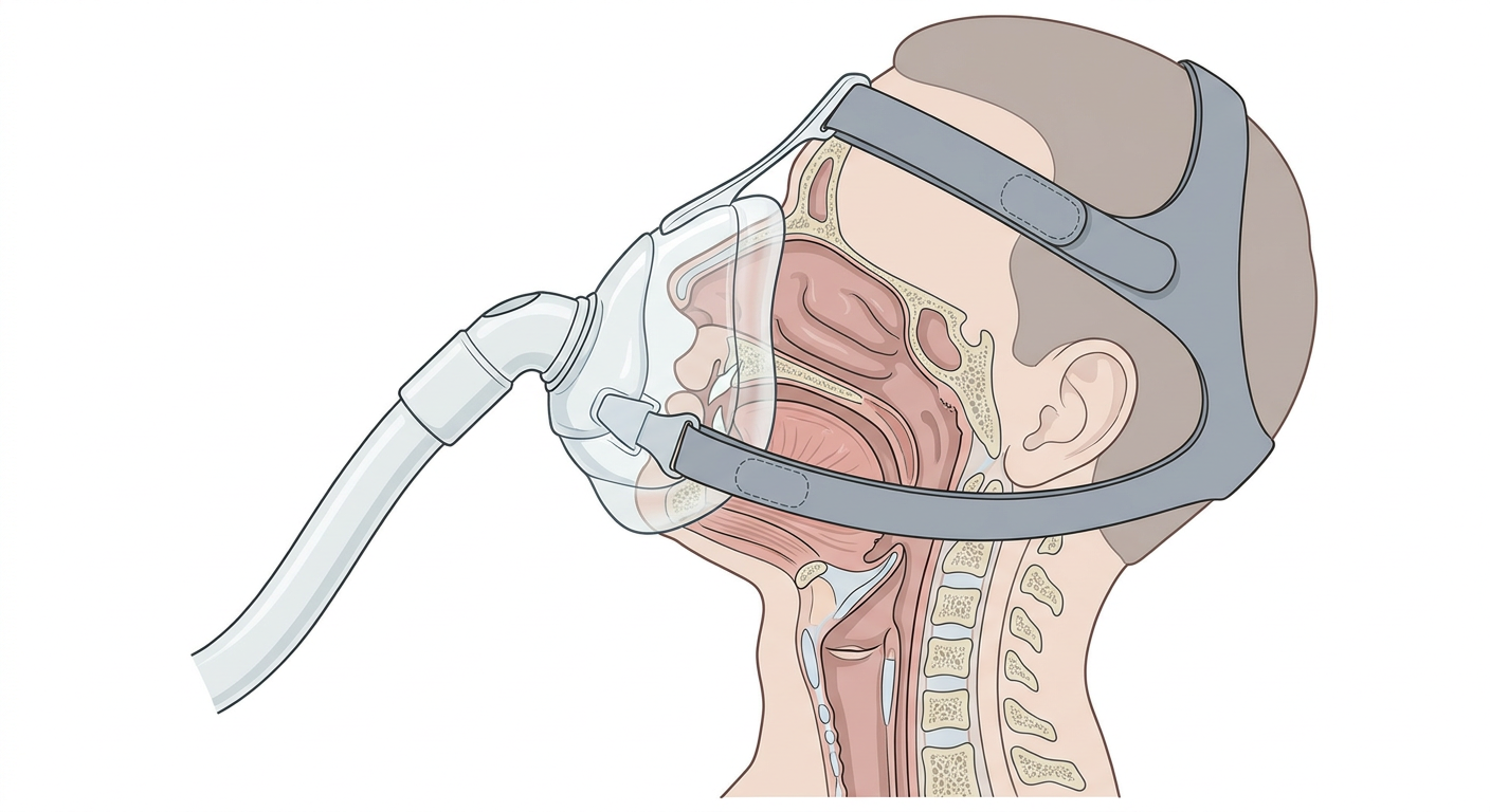 Sagittalschnitt durch Kopf und Hals mit einer dicht sitzenden oronasalen NIV-Maske über Nase und Mund, gehalten von einem Kopfband, und den oberen Atemwegen im Schnitt